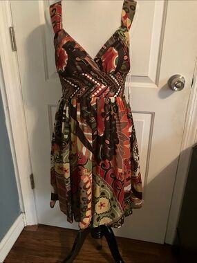XOXO Brown Red Green Patterned Sundress
